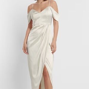 Express Bridal Satin Off the Shoulder Wrap Dress